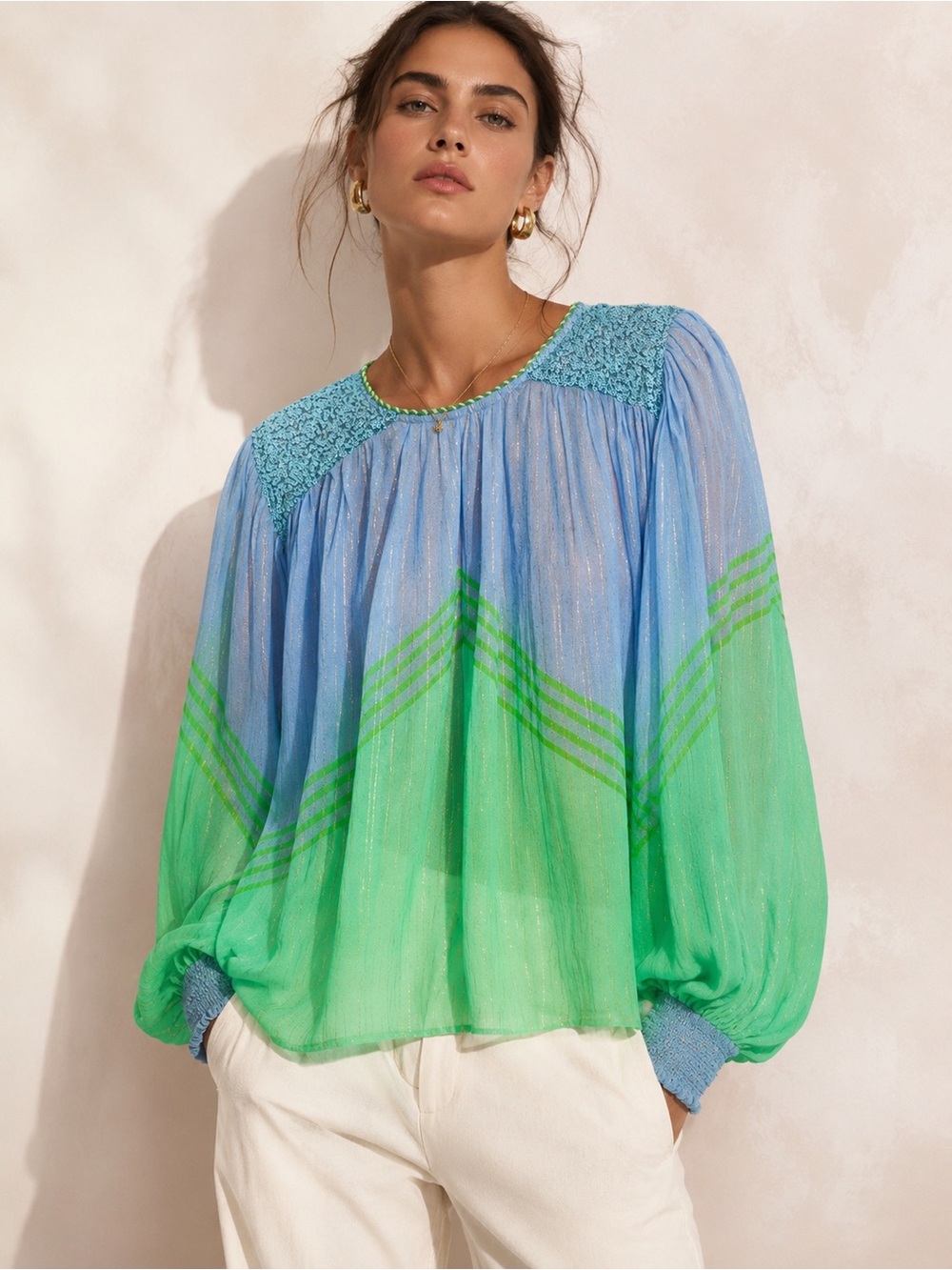 Bl^nk Anthropologie Semi Sheer Boho Blue-Green Peasant Blouse. M Loose fit